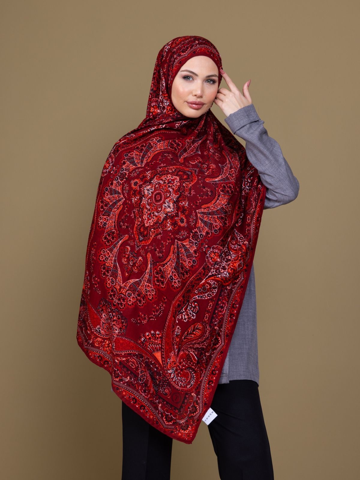 Açık Bordo Ruku Desenli Pamuk İpek Şal - Görsel 2