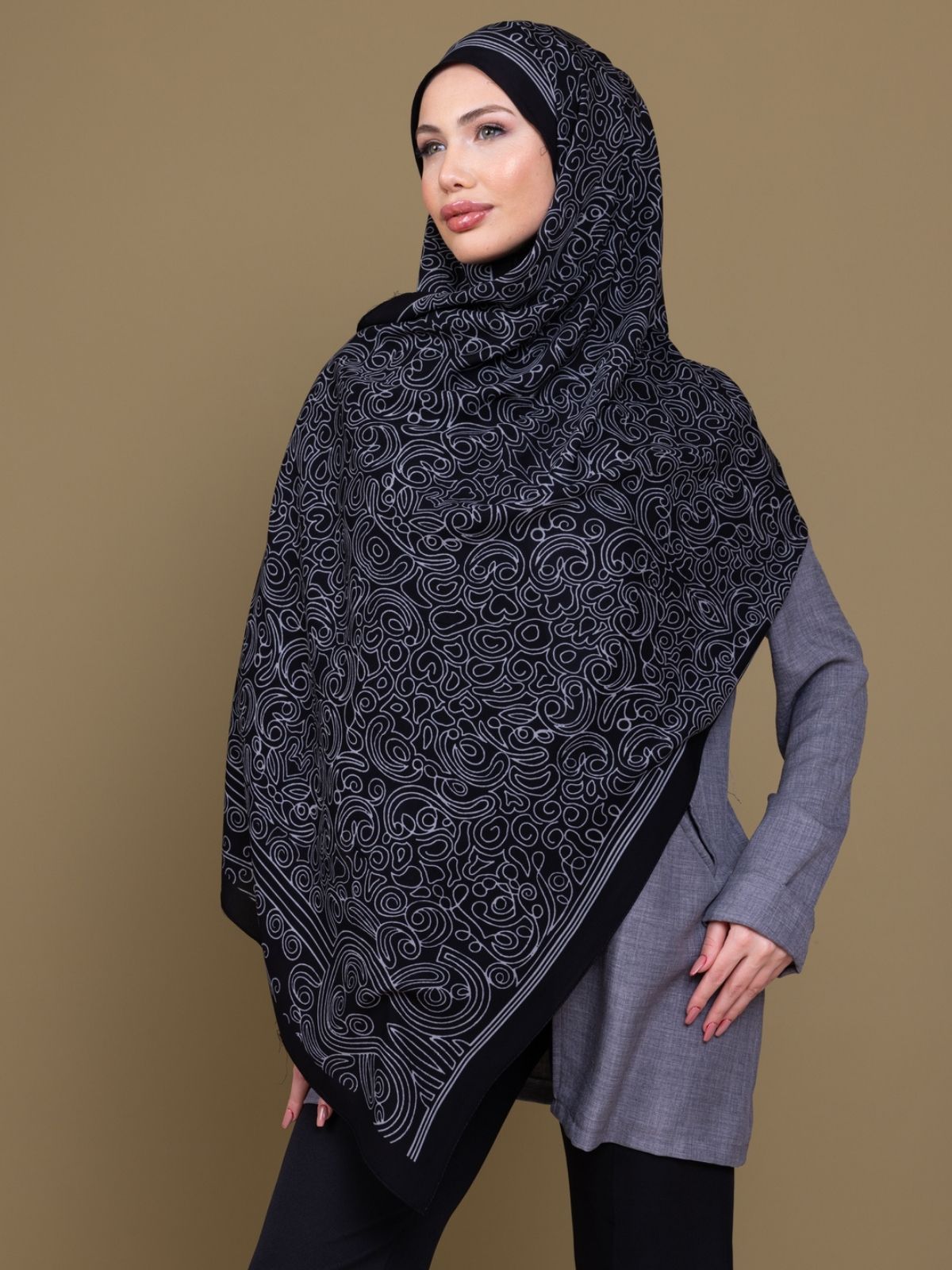 Siyah Ebruli Desen Pamuk İpek Şal - Görsel 2