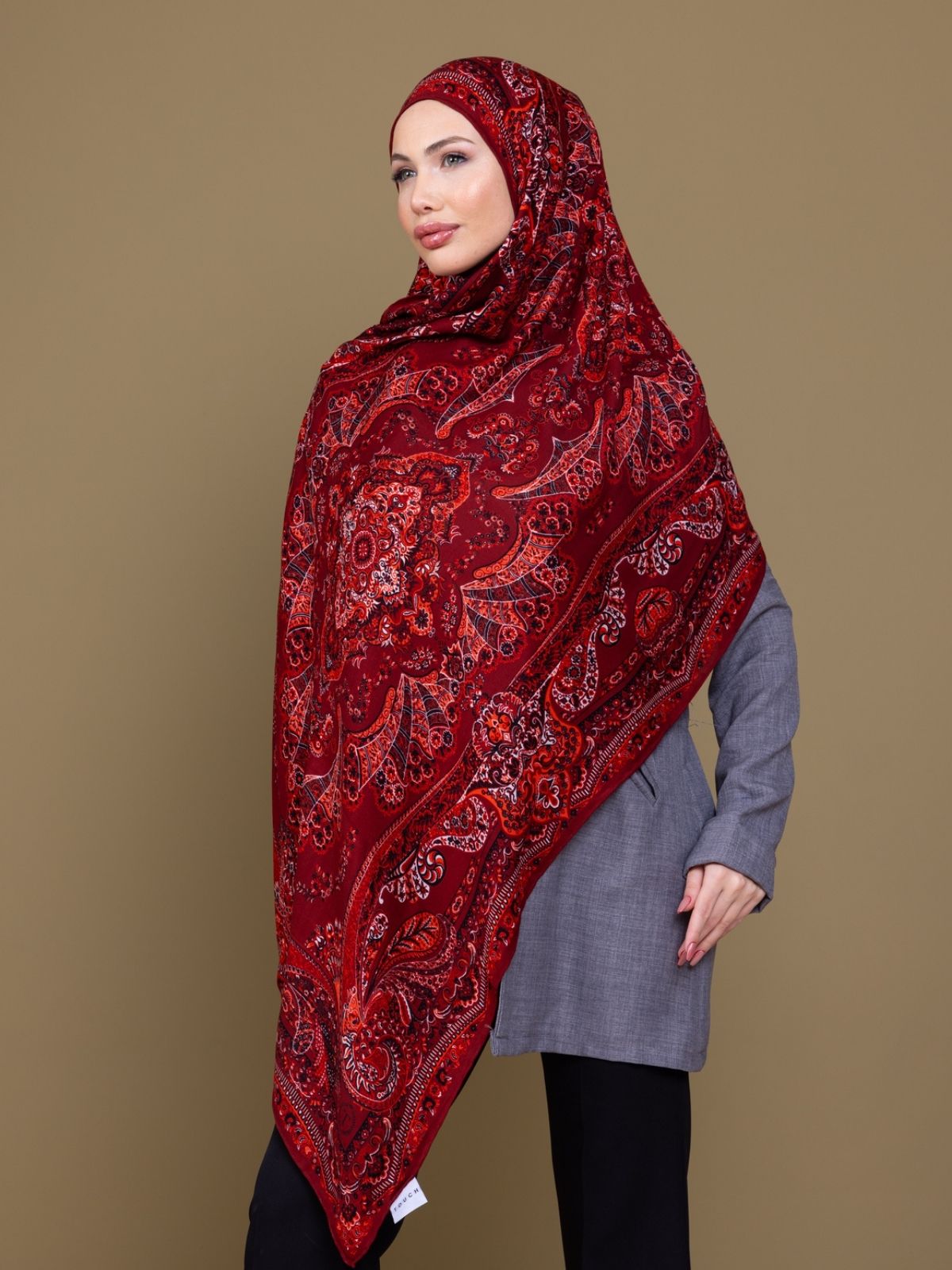 Açık Bordo Ruku Desenli Pamuk İpek Şal - Görsel 3