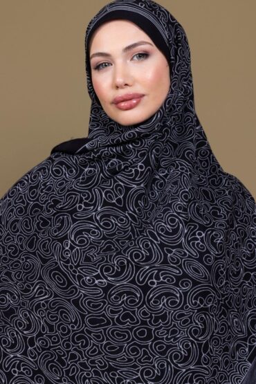 Siyah Ebruli Desen Pamuk İpek Şal