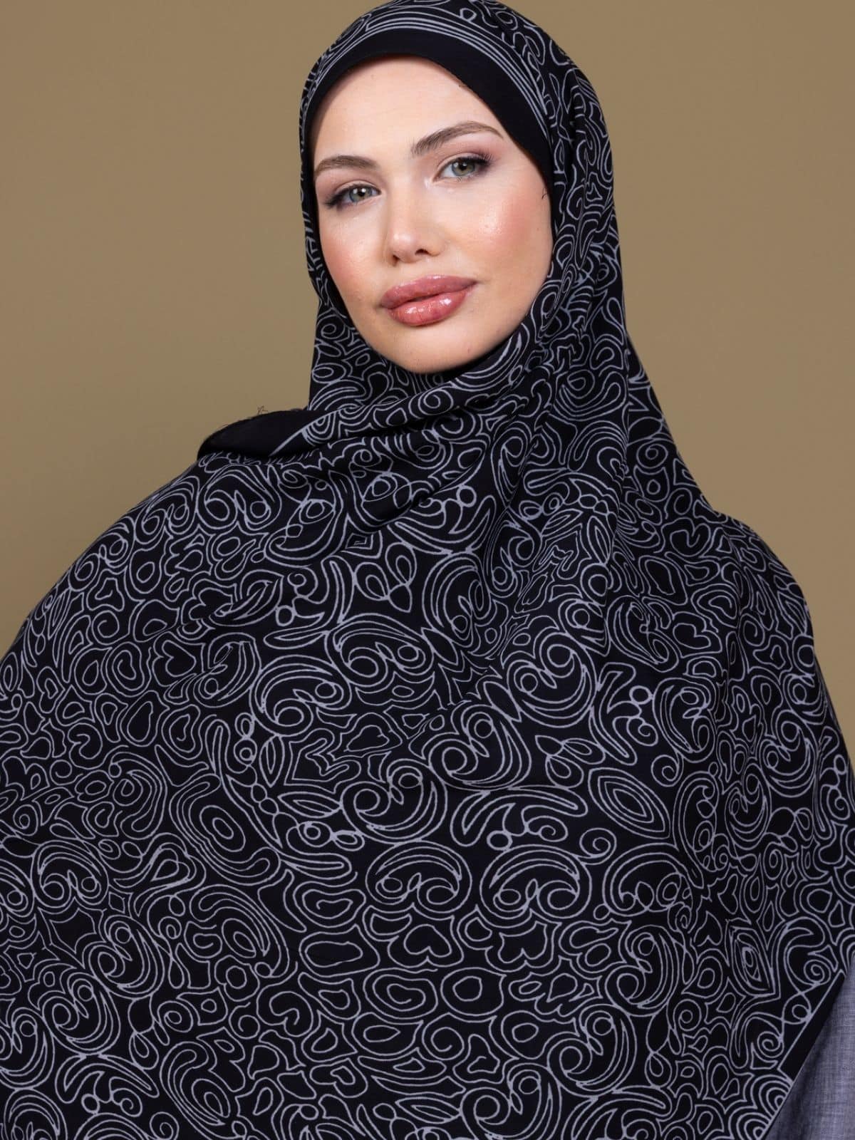 Siyah Ebruli Desen Pamuk İpek Şal