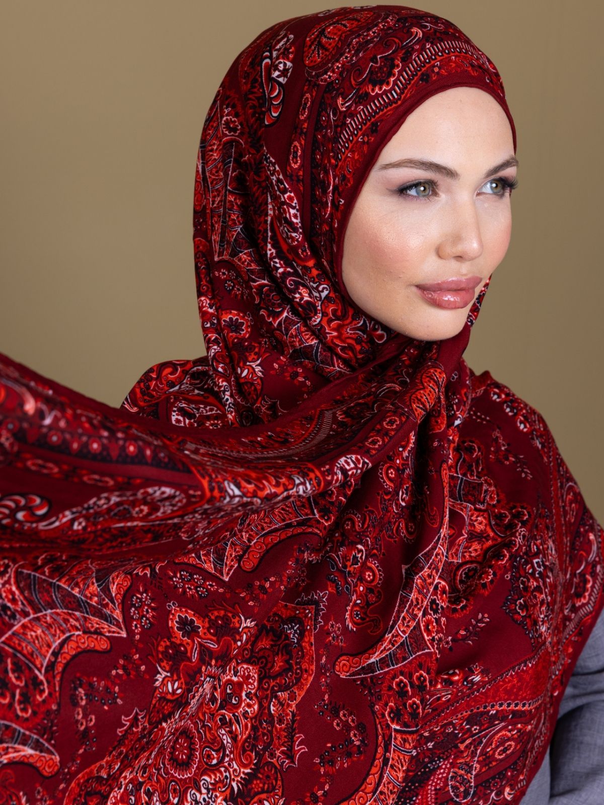 Açık Bordo Ruku Desenli Pamuk İpek Şal - Görsel 5