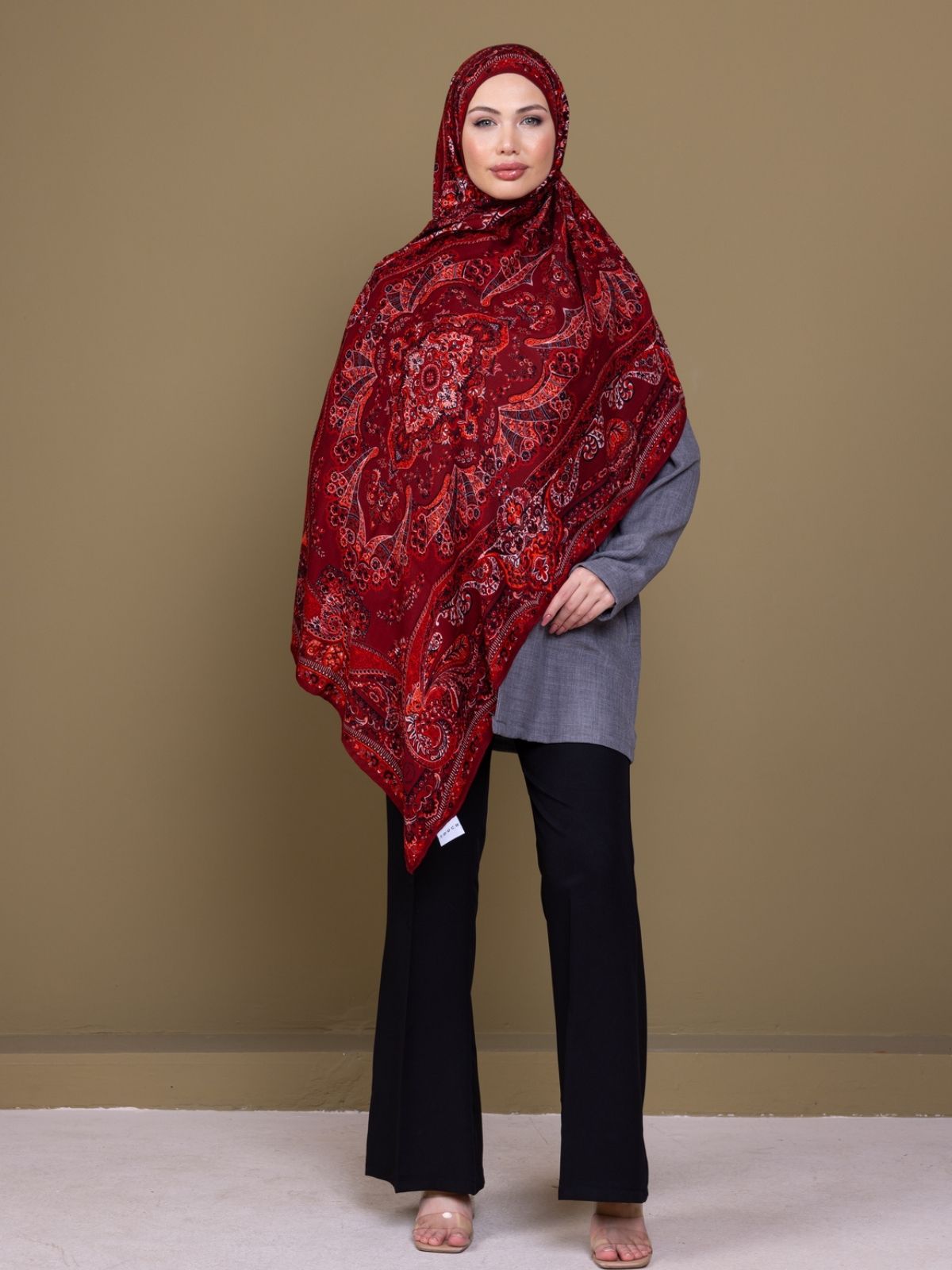 Açık Bordo Ruku Desenli Pamuk İpek Şal - Görsel 6