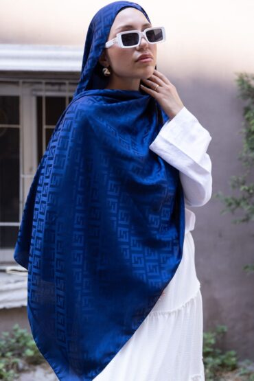 Fendi Desen Pamuk İpeksi Jakar Şal-53354-Lacivert