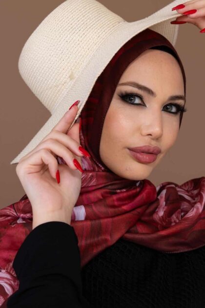 Kırmızı Çiçek Desen Pamuk Soft Şal