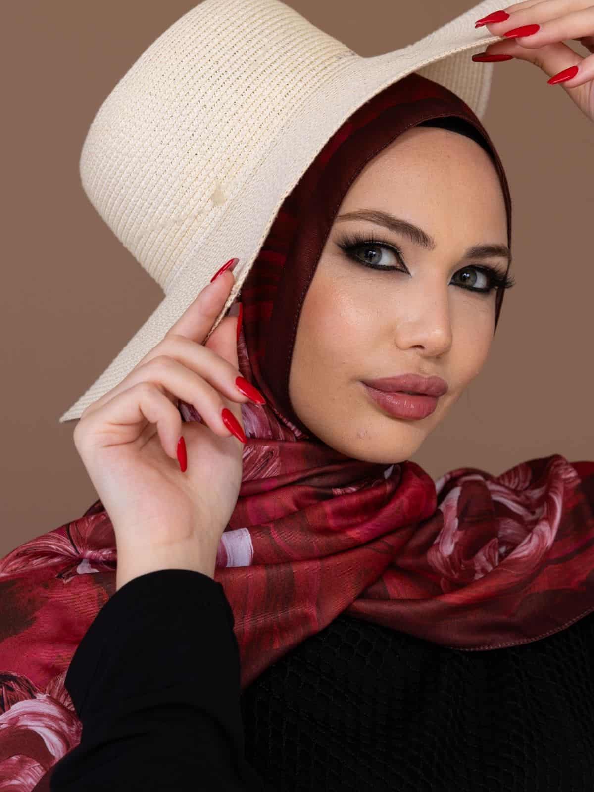 Kırmızı Çiçek Desen Pamuk Soft Şal