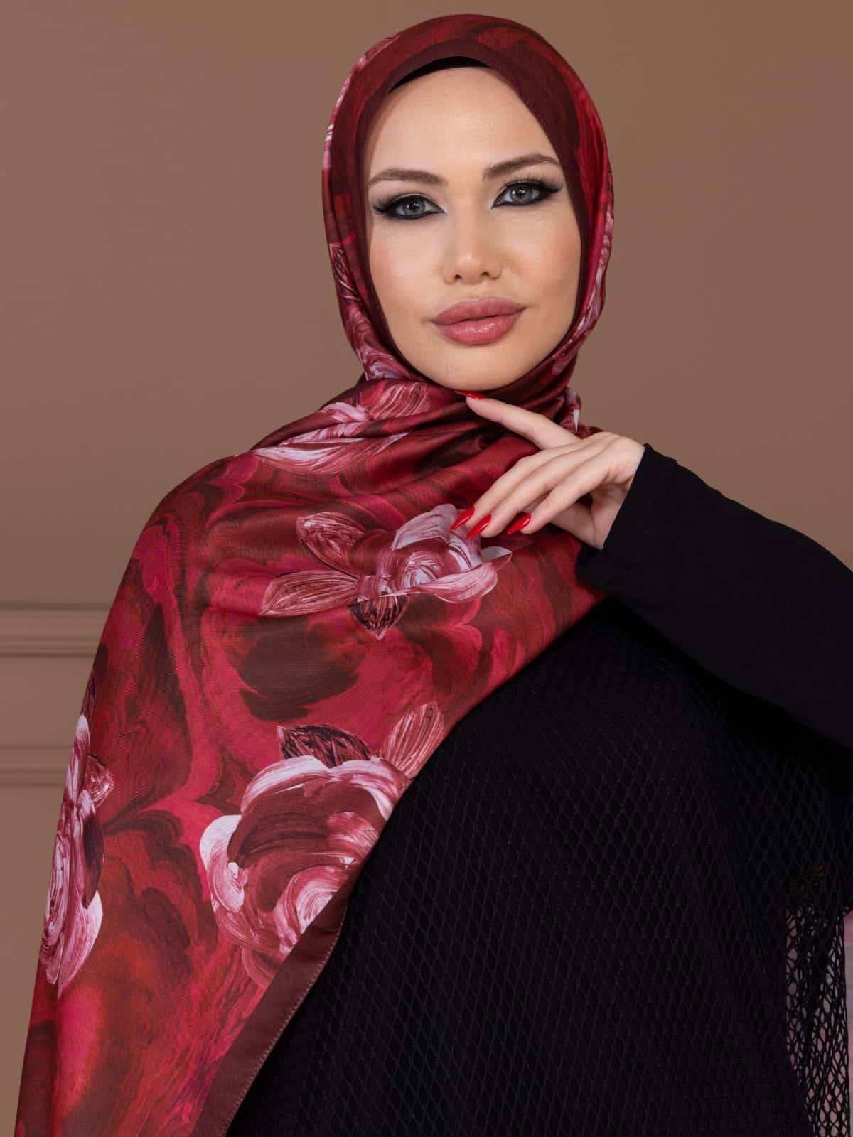 Kırmızı Çiçek Desen Pamuk Soft Şal - Görsel 3