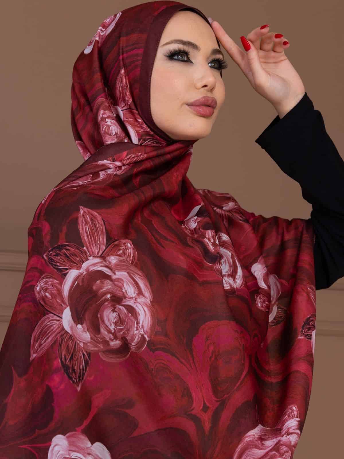 Kırmızı Çiçek Desen Pamuk Soft Şal - Görsel 4