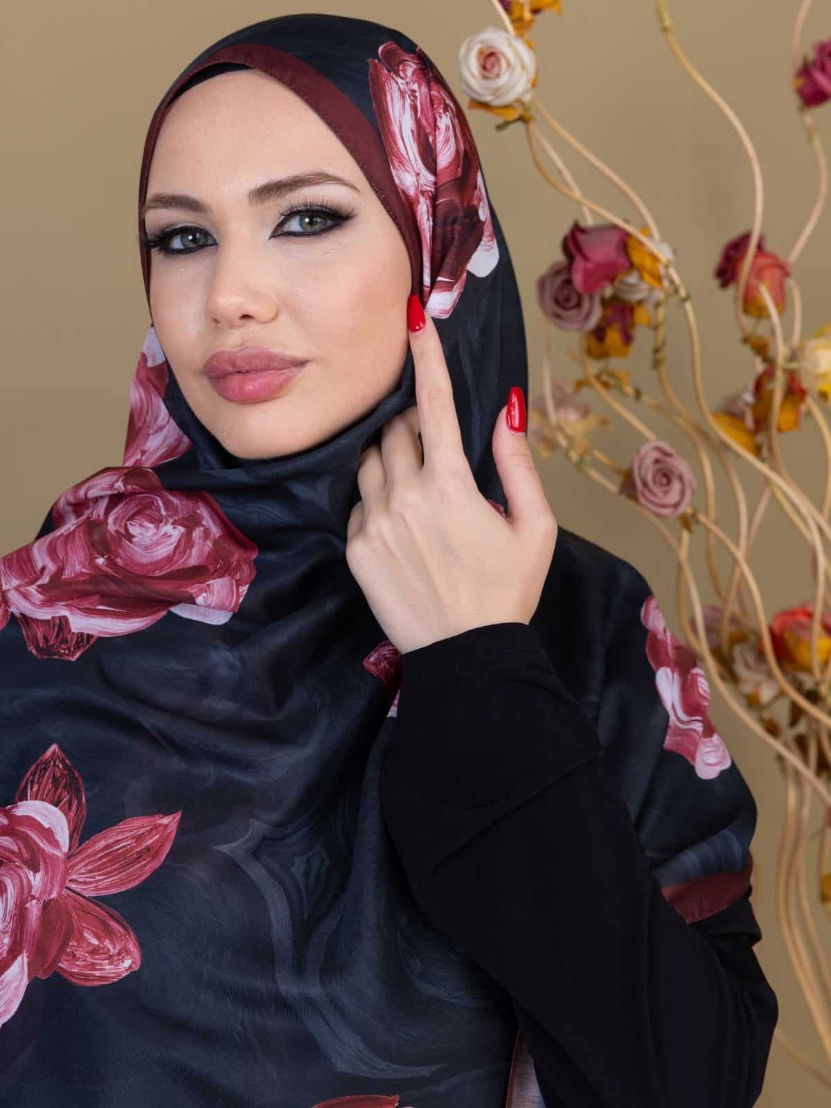 Kızıl Kahve Çiçek Desen Pamuk Soft Şal - Görsel 2