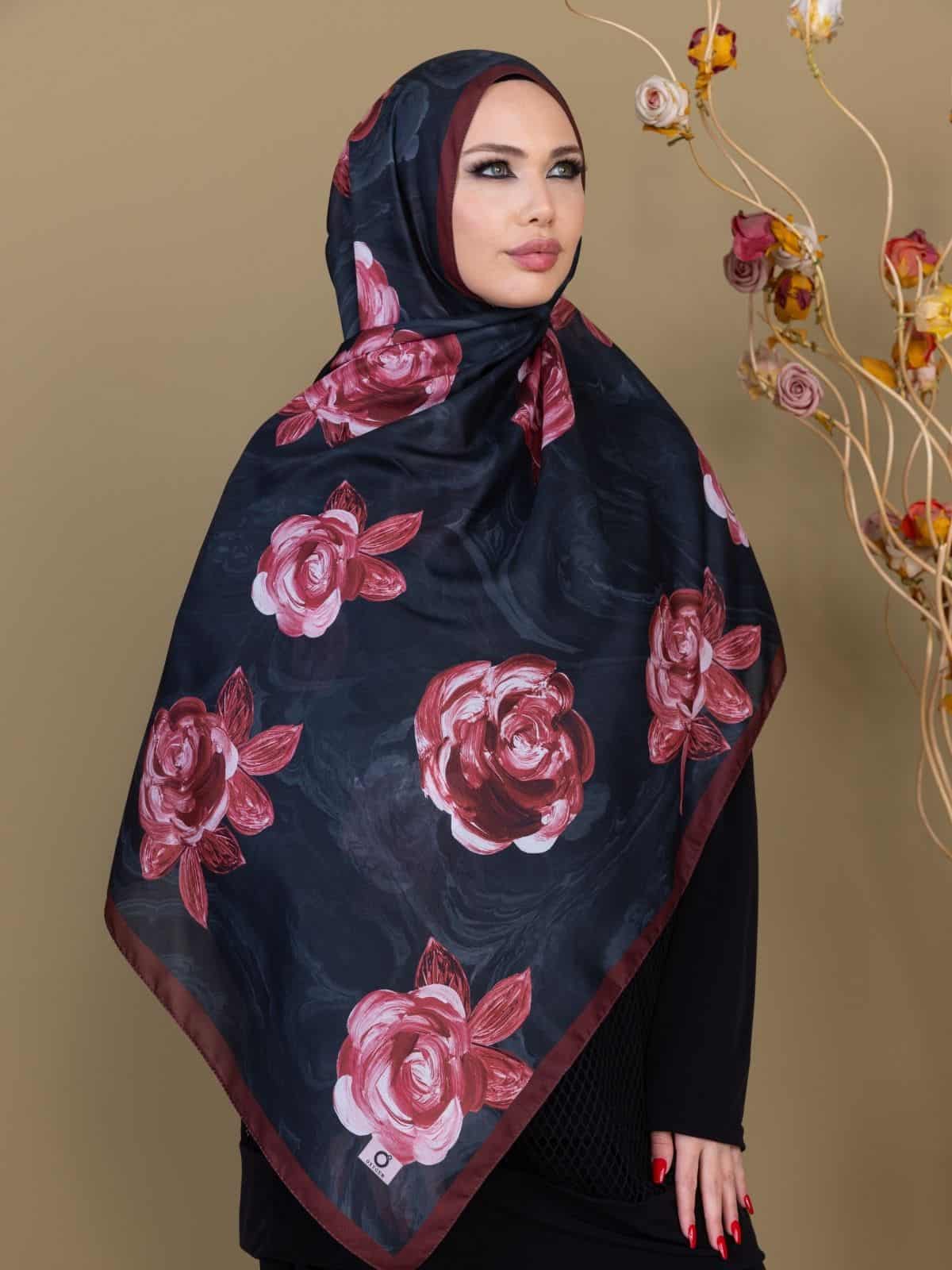 Kızıl Kahve Çiçek Desen Pamuk Soft Şal - Görsel 3