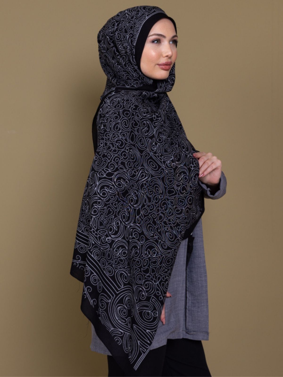Siyah Ebruli Desen Pamuk İpek Şal - Görsel 3