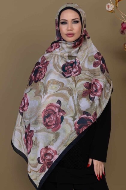 Zeytin Yeşil Çiçek Desen Pamuk Soft Şal