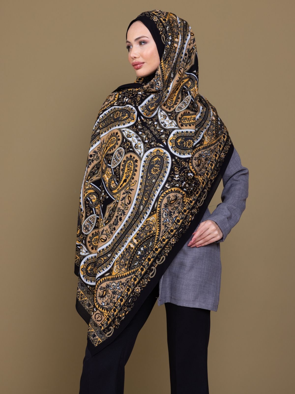 Siyah Çini Desen Pamuk İpek Şal - Görsel 4