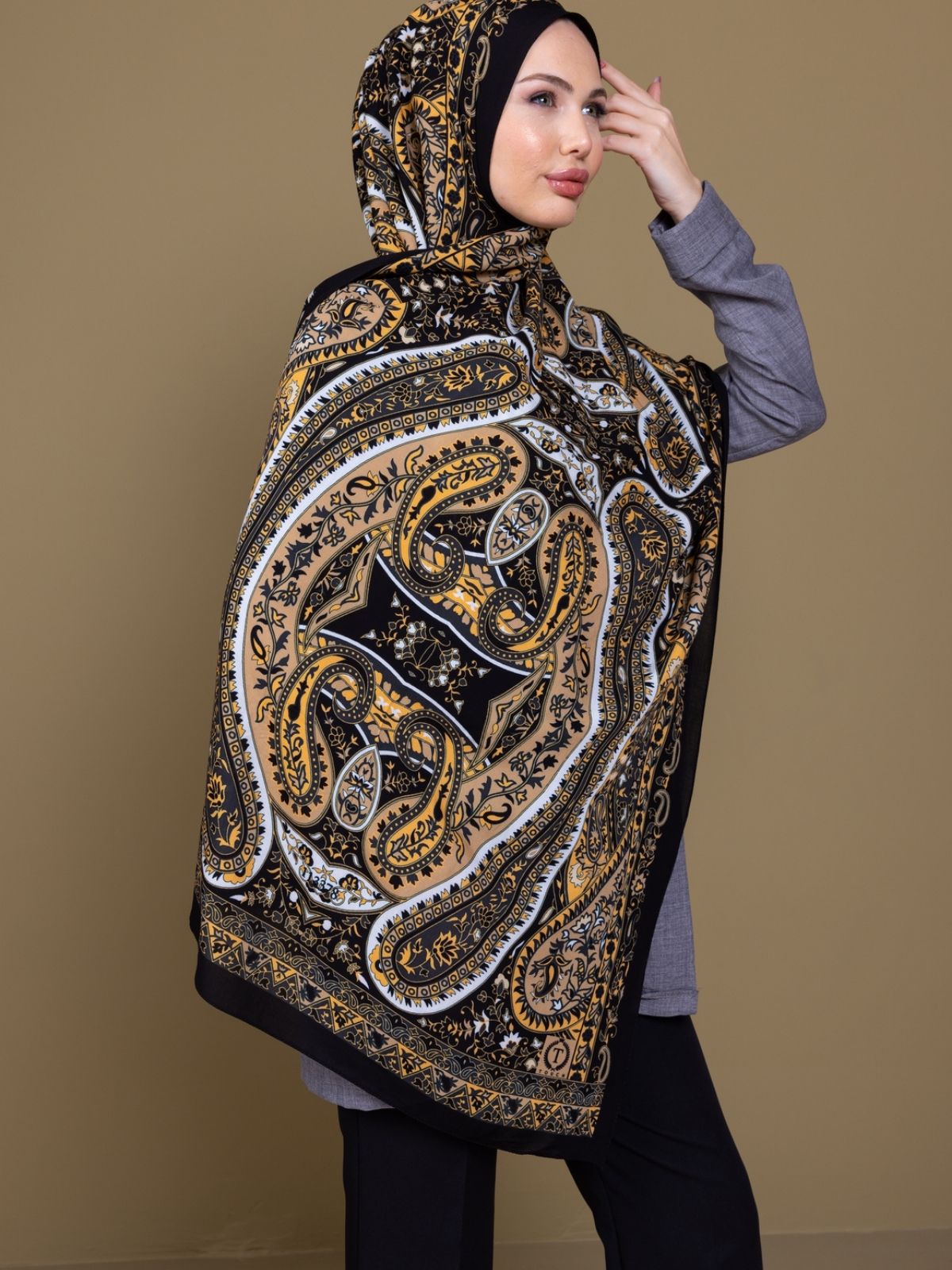 Siyah Çini Desen Pamuk İpek Şal - Görsel 2