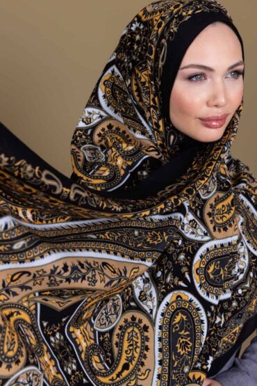 Siyah Çini Desen Pamuk İpek Şal