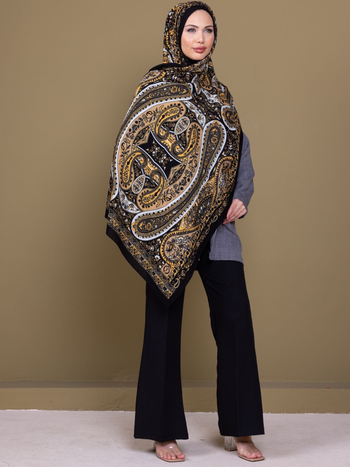 Siyah Çini Desen Pamuk İpek Şal - Görsel 6