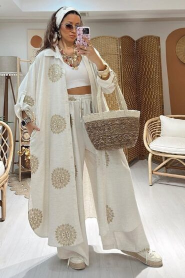 Nakışlı İkili Takım TK1003 -Bej