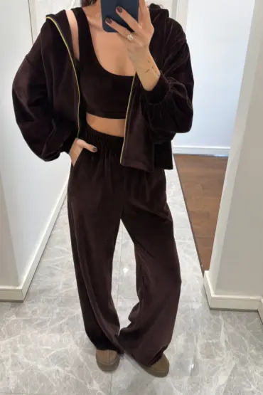 Kadifeli Üçlü Takım - Kahve