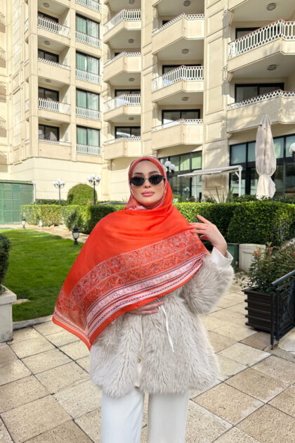 Çini Rüyası Vual İpek Şal 10101 - Neon Turuncu