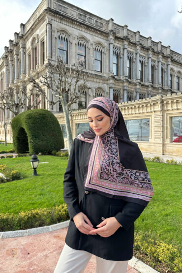Çini Rüyası Vual İpek Şal 10101 - Siyah Pembe