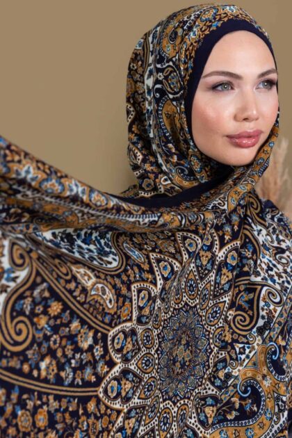 Gece Mavisi Zambak Desenli Yün İpek Şal