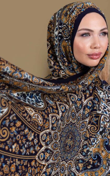 Gece Mavisi Zambak Desenli Yün İpek Şal