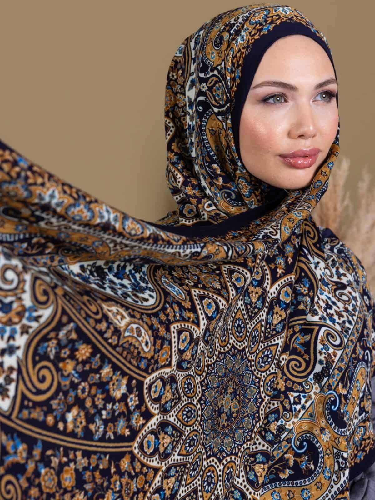 Gece Mavisi Zambak Desenli Yün İpek Şal