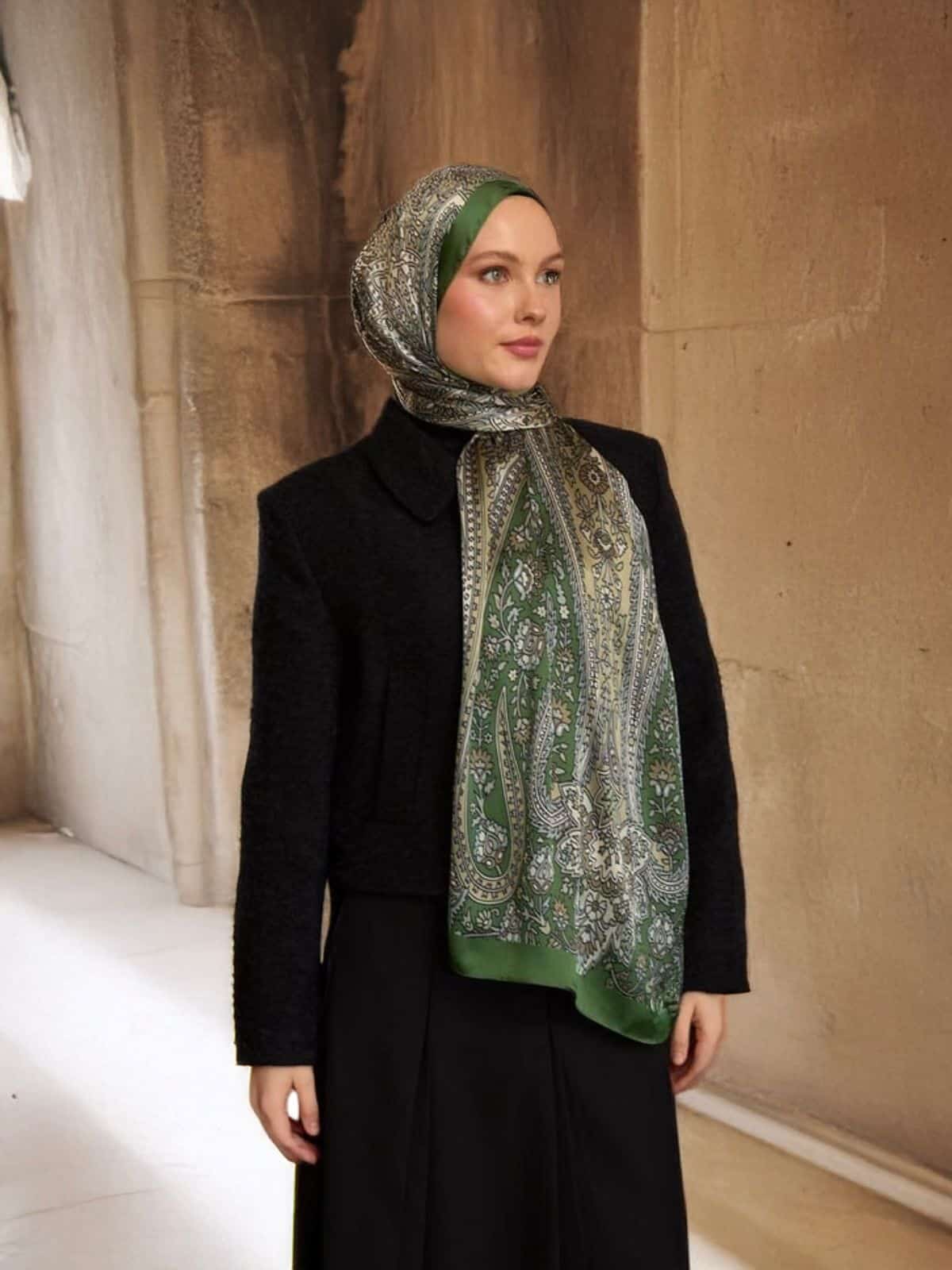 Fıstık Damask Desen Pamuk İpek Şal - Görsel 2