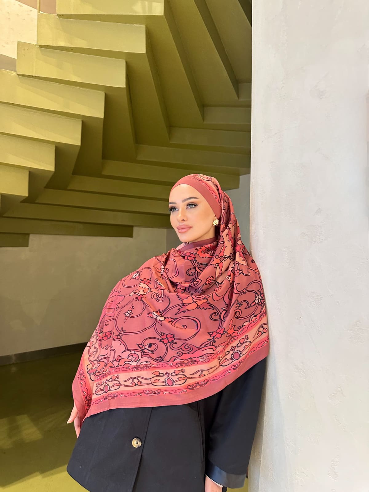 Gül Kurusu İberya Işığı Desen Pamuk İpek Şal - Görsel 3