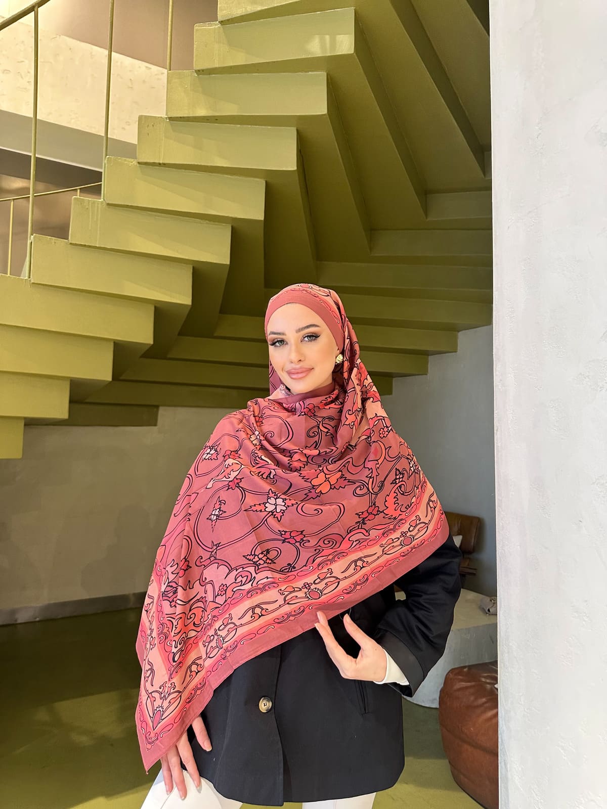 Gül Kurusu İberya Işığı Desen Pamuk İpek Şal