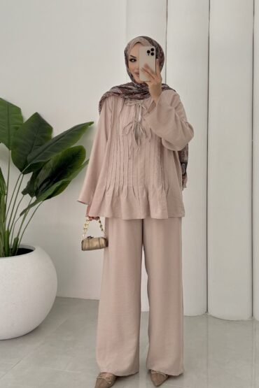 Vool Bağlamalı ASTARLI İkili Takım TK100165 - Bej