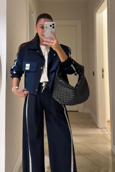 Twst Paraşüt Kol Detaylı Garnili İkili Takım- Lacivert