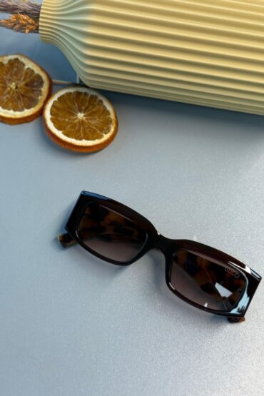 Gucci Unisex Dikdörtgen Asetat Güneş Gözlüğü-Black/Havana Brown