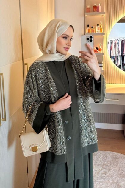 Payetli Üçlü Takım - Haki