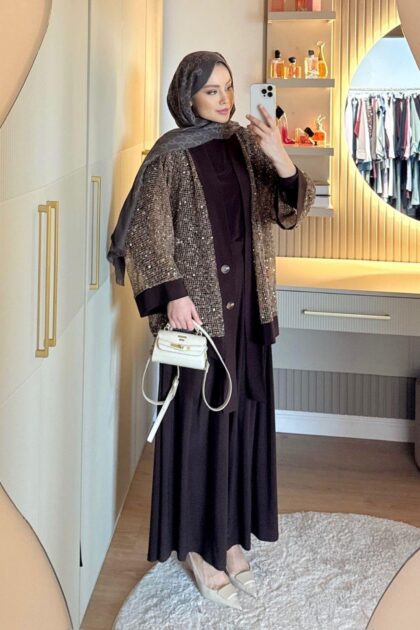 Payetli Üçlü Takım - Kahve