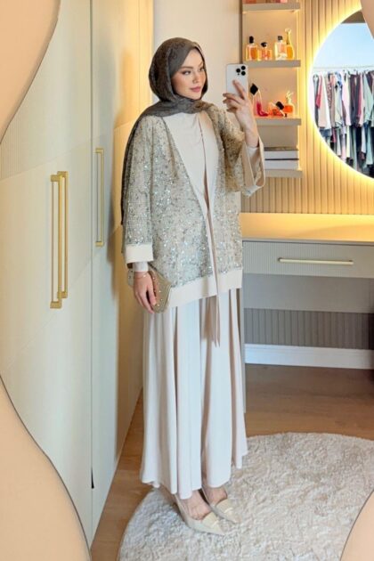 Payetli Üçlü Takım - Krem