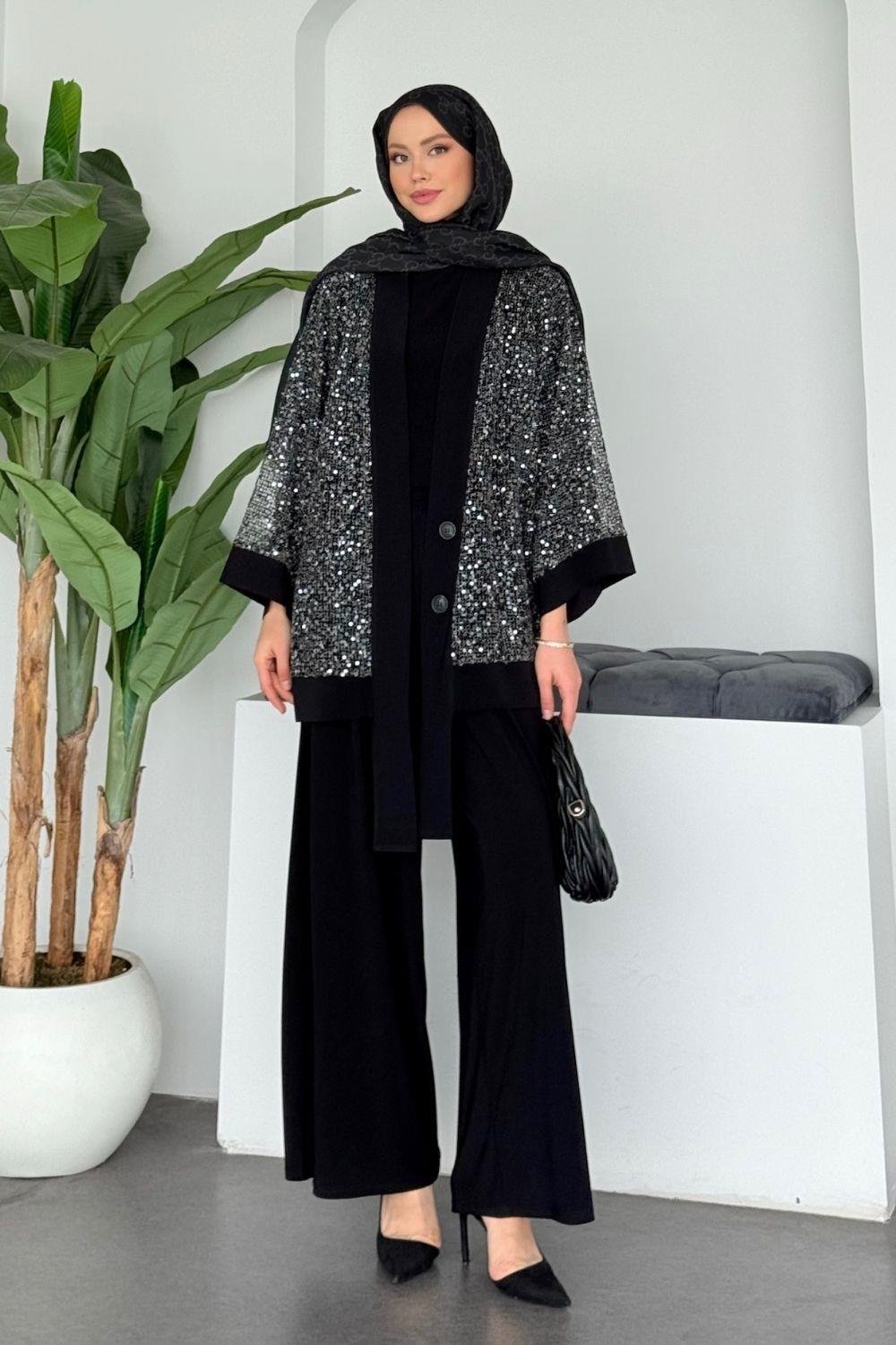 Payetli Üçlü Takım - Siyah - Görsel 3