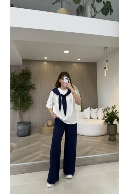 Fular Detaylı Modal T-shirt Eşofman Takım - Lacivert