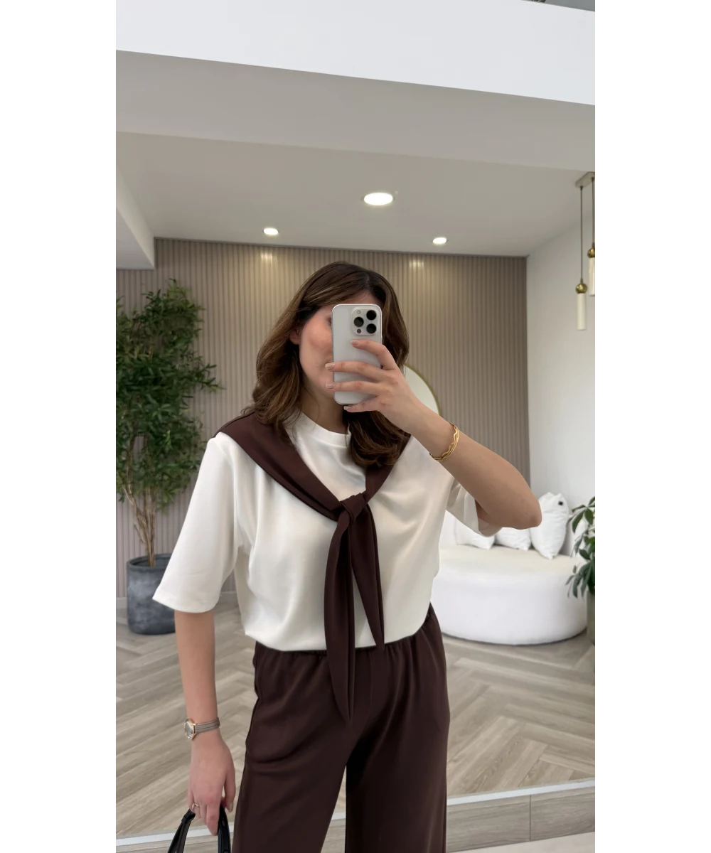 Fular Detaylı Modal T-shirt Eşofman Takım - Kahverengi - Görsel 2