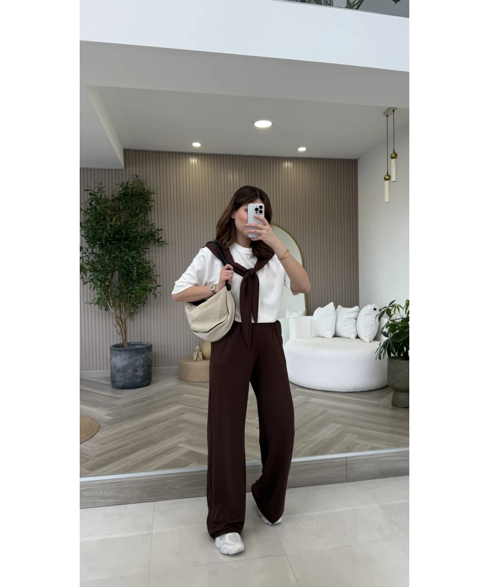 Fular Detaylı Modal T-shirt Eşofman Takım - Kahverengi - Görsel 3