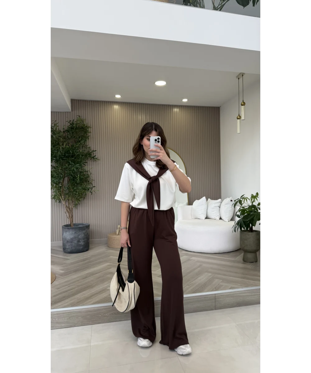 Fular Detaylı Modal T-shirt Eşofman Takım - Kahverengi - Görsel 4