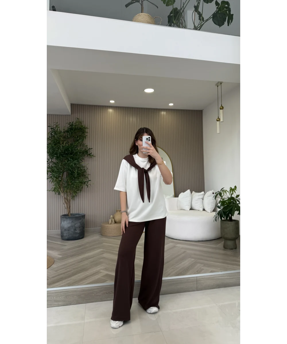 Fular Detaylı Modal T-shirt Eşofman Takım - Kahverengi - Görsel 5