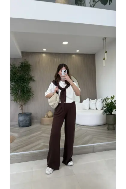 Fular Detaylı Modal T-shirt Eşofman Takım - Kahverengi