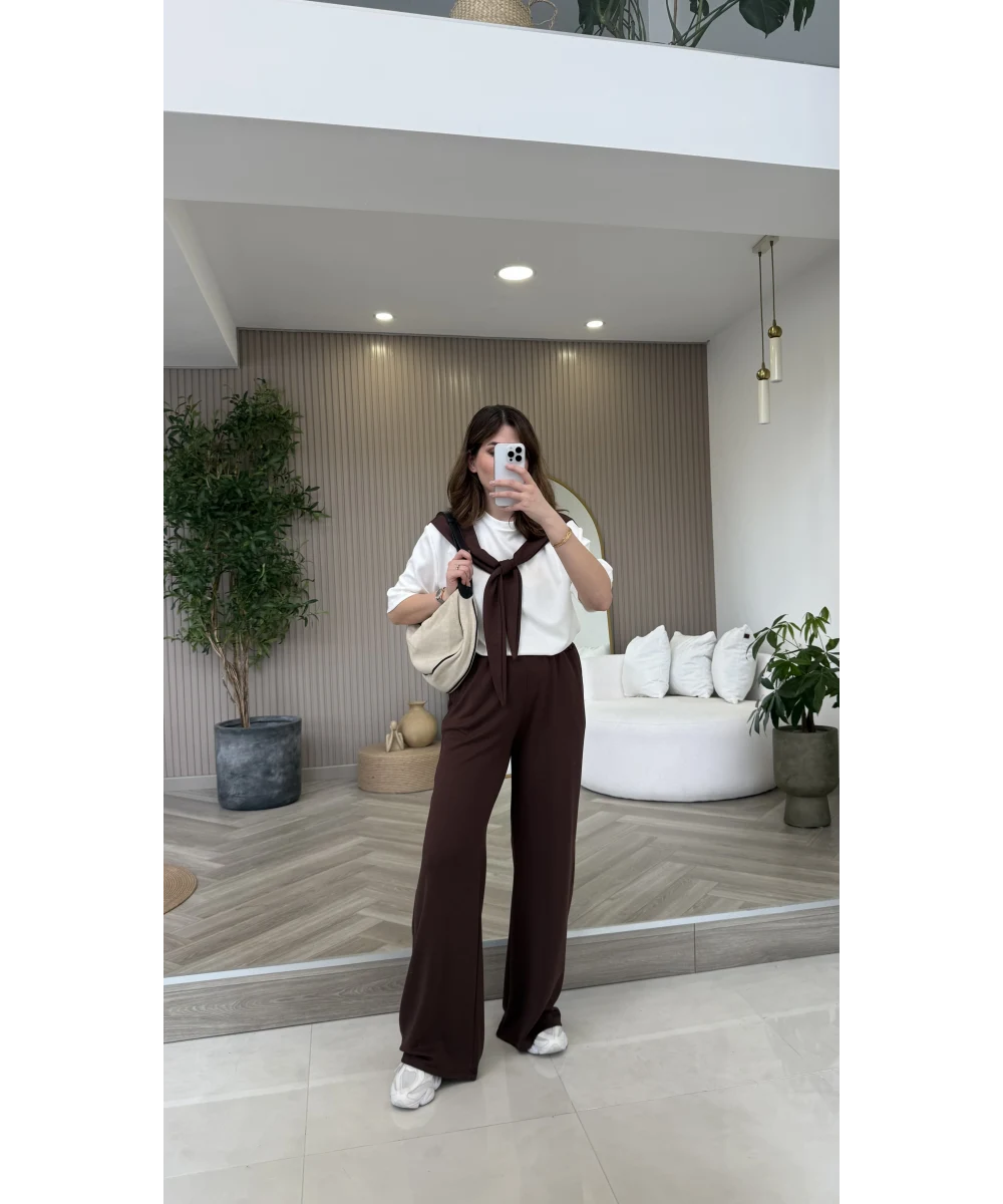 Fular Detaylı Modal T-shirt Eşofman Takım - Kahverengi