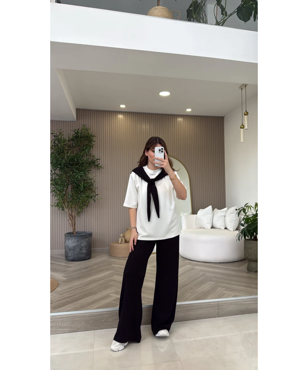 Fular Detaylı Modal T-shirt Eşofman Takım - Siyah - Görsel 5