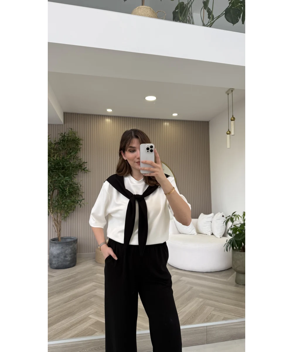 Fular Detaylı Modal T-shirt Eşofman Takım - Siyah - Görsel 6