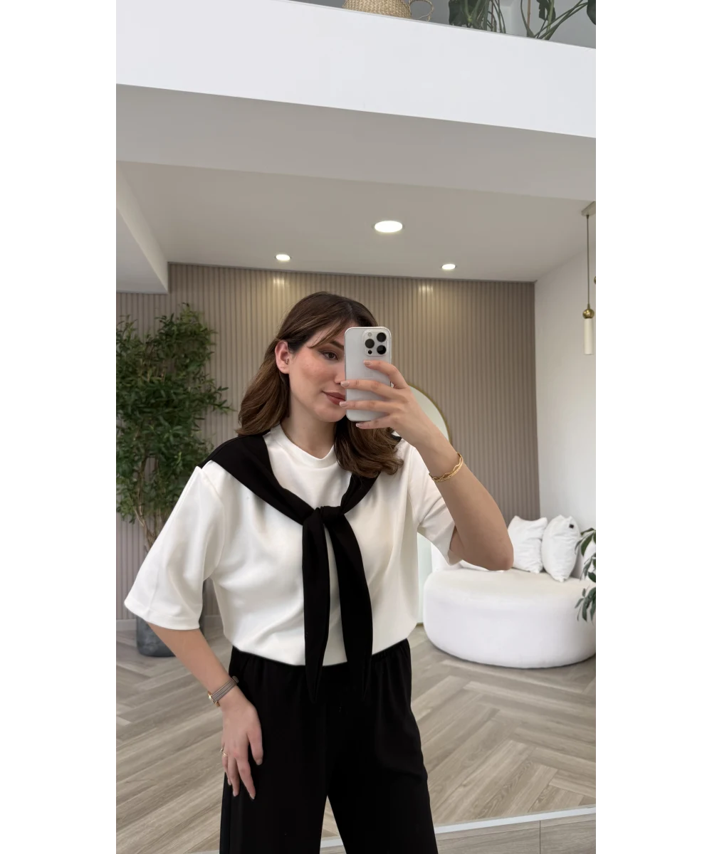 Fular Detaylı Modal T-shirt Eşofman Takım - Siyah - Görsel 3