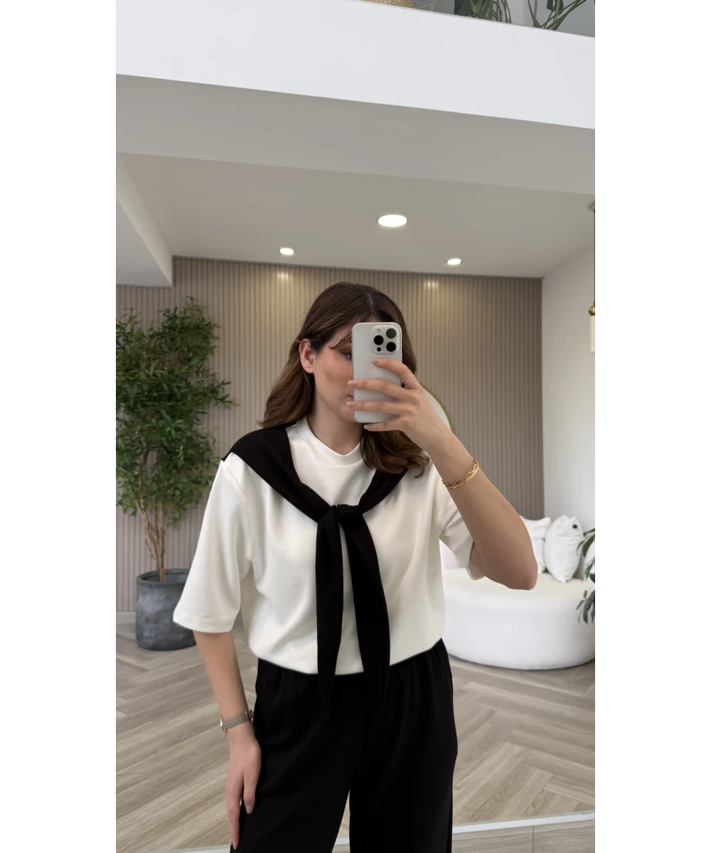 Fular Detaylı Modal T-shirt Eşofman Takım - Siyah - Görsel 7