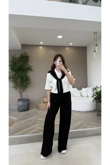 Fular Detaylı Modal T-shirt Eşofman Takım - Siyah