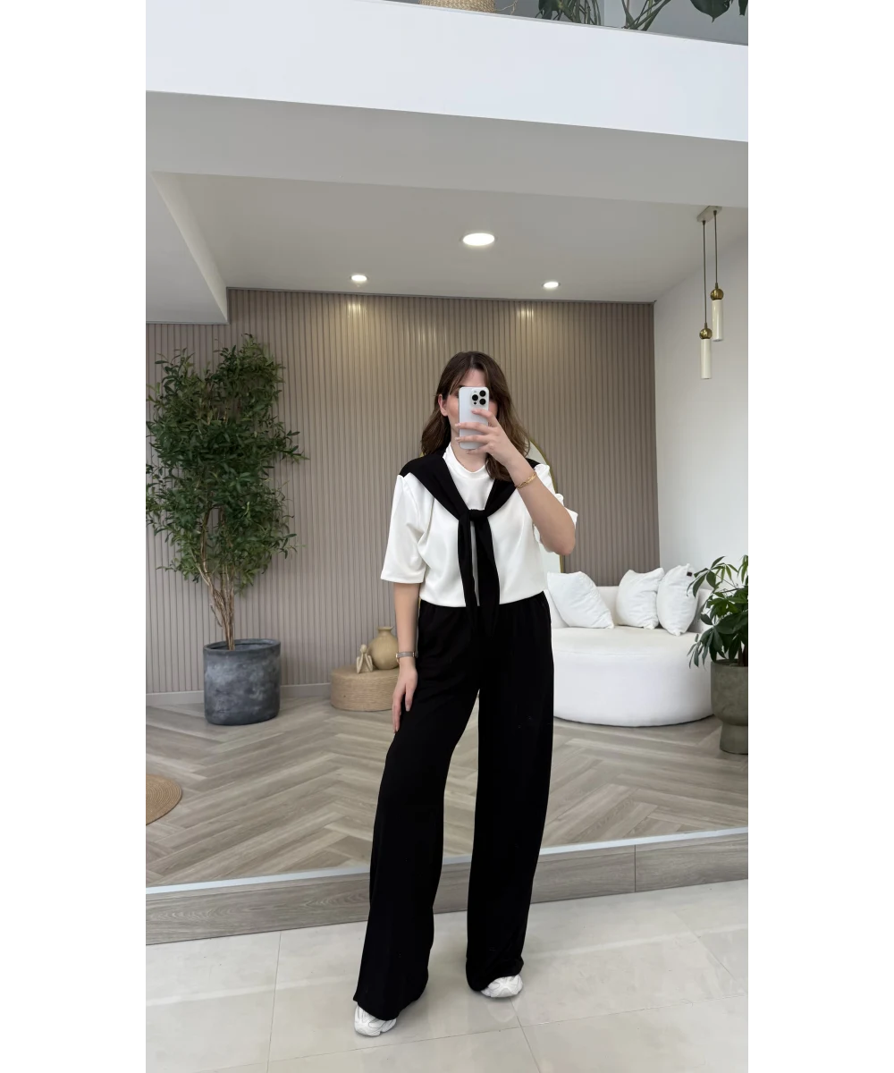 Fular Detaylı Modal T-shirt Eşofman Takım - Siyah